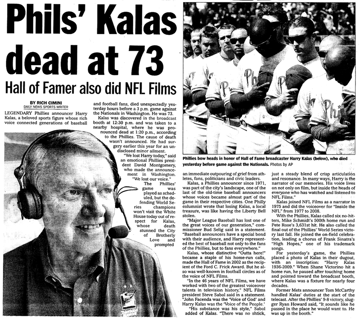 Sports Tuesday: Harry Kalas Dies, and More