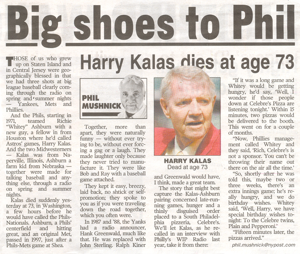 Phillies announcer Harry Kalas dead at 73