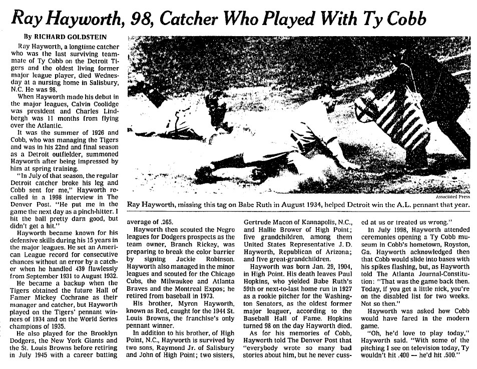 TheDeadballEra.com :: Ray Hayworth's Obit